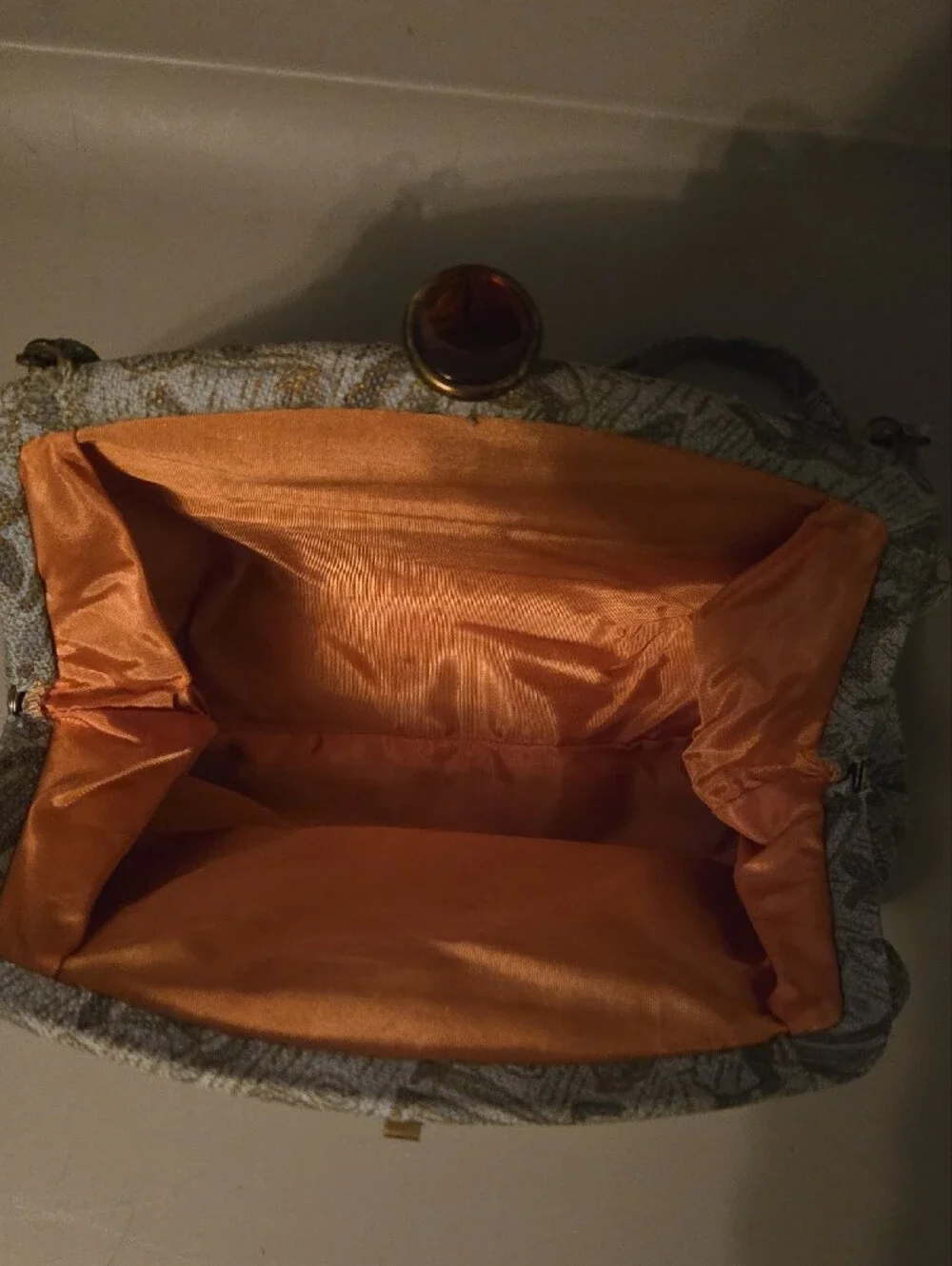Vintage Mid-century Woven Beige Patterned Wristlet Clutch with Amber Accent